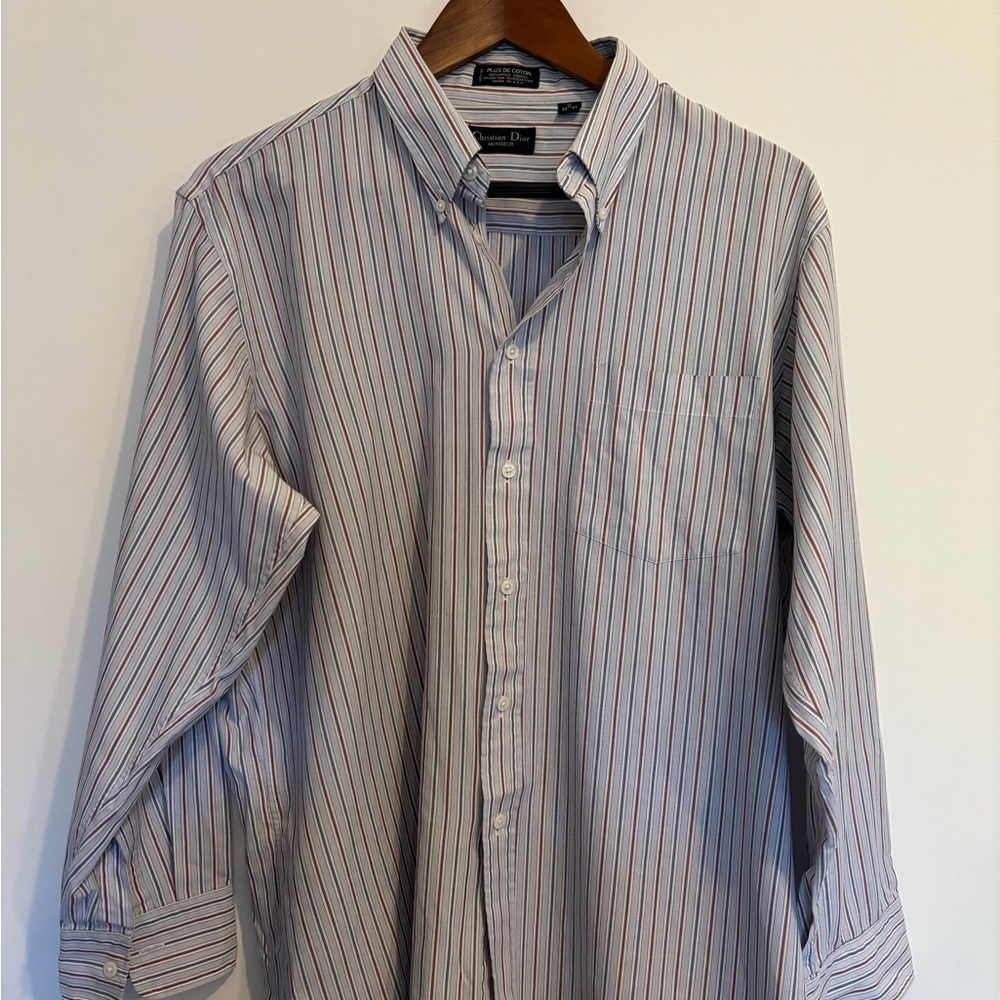Vintage Dior Men's White and Red Striped Button-Down Shirt